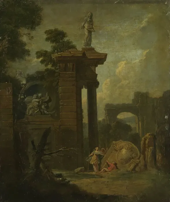 Framed Print : Landscape with Architecture and a Waterfall, 18th century. Creator: Carl Wilhelm Bohme