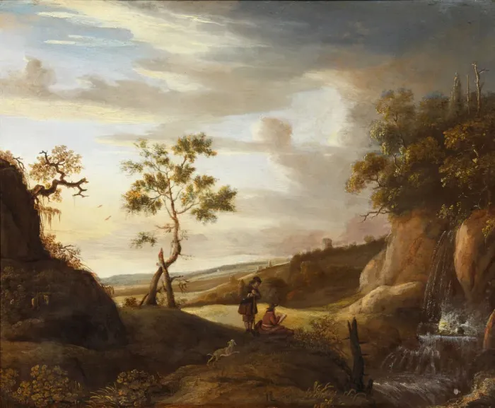 Framed Print : Landscape with an artist who paints a waterfall, 1640s. Artist: Lievens, Jan (1607-1674)