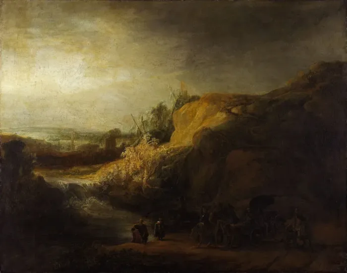 Framed Print : Landscape with the baptism of the Eunuch. Artist: Rembrandt van Rhijn (1606-1669) Framed Print : Landscape with the baptism of the Eunuch. Artist: Rembrandt van Rhijn (1606-1669)