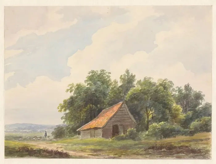 Framed Print : Landscape with barn and in the distance a shepherd with sheep, 1797-1870. Creator: Andreas Schelfhout Framed Print : Landscape with barn and in the distance a shepherd with sheep, 1797-1870. Creator: Andreas Schelfhout