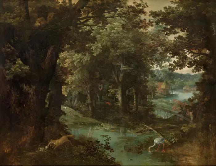 Framed Print : Landscape with Beast Fables, 1620. Creator: Adriaen van Stalbemt Framed Print : Landscape with Beast Fables, 1620. Creator: Adriaen van Stalbemt