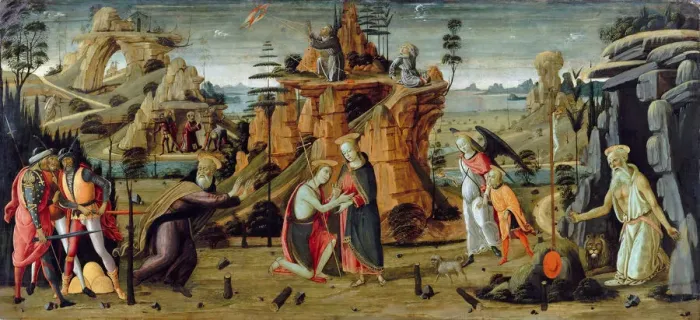 Framed Print : Landscape with biblical scenes and legends of the saints. Artist: Jacopo del Sellaio (1442-1493) Framed Print : Landscape with biblical scenes and legends of the saints. Artist: Jacopo del Sellaio (1442-1493)
