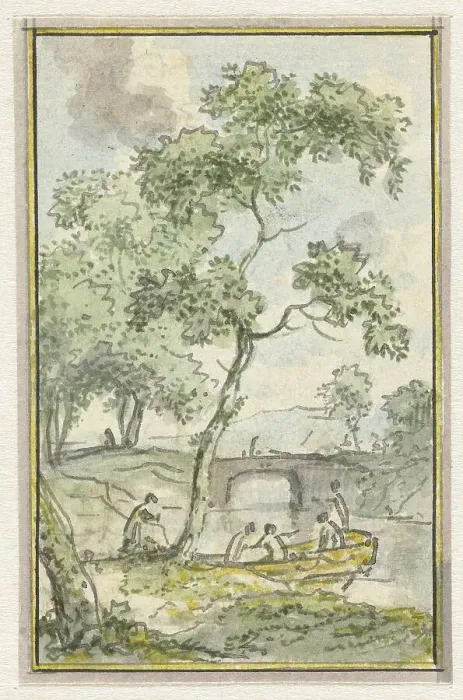 Framed Print : Landscape with a boat, 1752-1819. Creators: Juriaan Andriessen, Isaac de Moucheron Framed Print : Landscape with a boat, 1752-1819. Creators: Juriaan Andriessen, Isaac de Moucheron