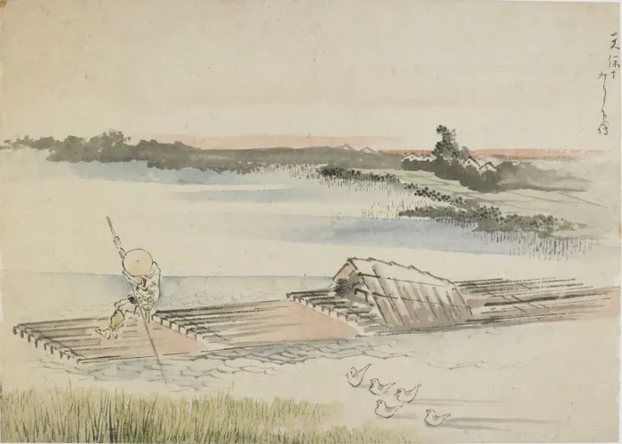 Framed Print : Landscape: boatman poling his raft, late 18th-early 19th century. Creator: Hokusai Framed Print : Landscape: boatman poling his raft, late 18th-early 19th century. Creator: Hokusai