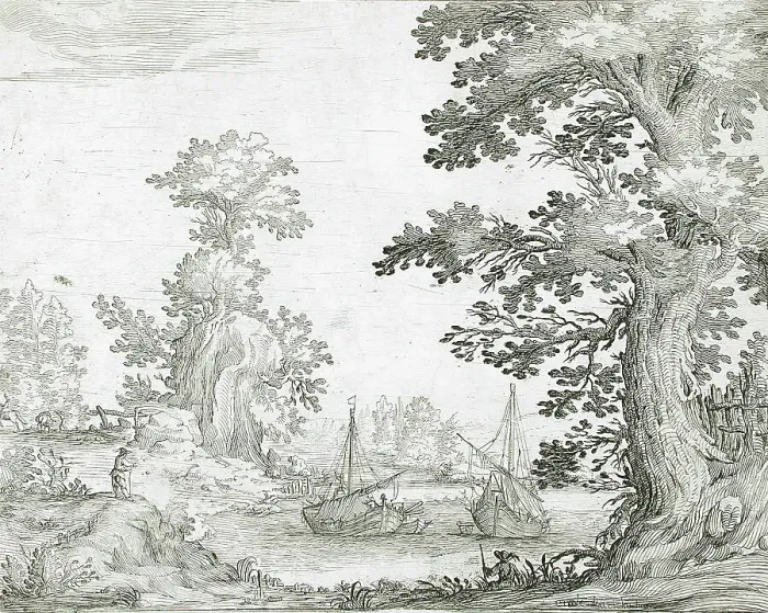 Framed Print : Landscape with Two Boats, between 1630 and 1645. Creator: Ercole Bazicaluva Framed Print : Landscape with Two Boats, between 1630 and 1645. Creator: Ercole Bazicaluva