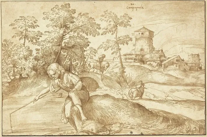 Framed Print : Landscape with a Boy Fishing, c. 1516. Creator: Domenico Campagnola Framed Print : Landscape with a Boy Fishing, c. 1516. Creator: Domenico Campagnola