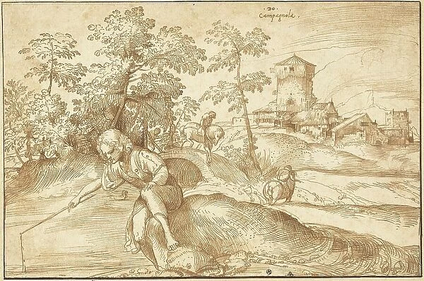 Landscape with a Boy Fishing, c. 1516. Creator: Domenico Campagnola