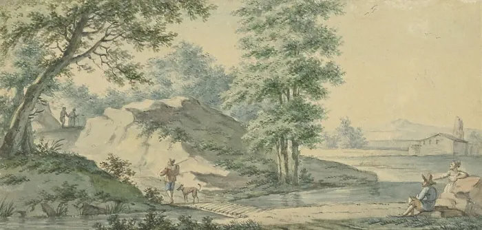 Framed Print : Landscape with a bridge, 1750-1818. Creator: Izaak Schmidt Framed Print : Landscape with a bridge, 1750-1818. Creator: Izaak Schmidt