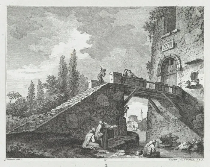 Framed Print : Landscape with Bridge, ca. 1750-70. Creator: Joseph Wagner Framed Print : Landscape with Bridge, ca. 1750-70. Creator: Joseph Wagner