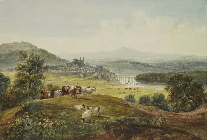 Framed Print : Landscape with a Bridge, Hay-on-Wye, c1830s. Creator: David Cox the Elder Framed Print : Landscape with a Bridge, Hay-on-Wye, c1830s. Creator: David Cox the Elder