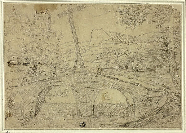 Landscape with Bridge (with Cross) over Gorge, with Mountains and Castle in Distance, n.d. Creator: Unknown