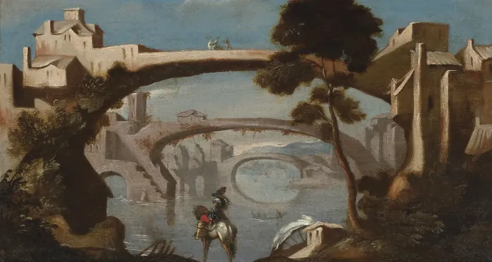 Framed Print : Landscape with Three Bridges, 2nd half of 18th century. Creator: Unknown Framed Print : Landscape with Three Bridges, 2nd half of 18th century. Creator: Unknown