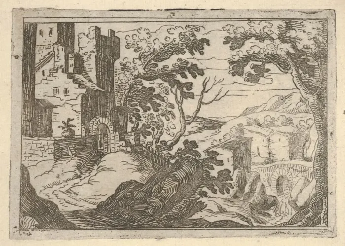 Framed Print : Landscape with buildings to the left and a bridge at right below, ca. 1620-50 Framed Print : Landscape with buildings to the left and a bridge at right below, ca. 1620-50