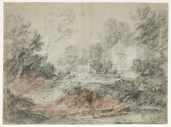 Framed Print : Landscape with Buildings by a Stream, 1782 / 86. Creator: Thomas Gainsborough Framed Print : Landscape with Buildings by a Stream, 1782 / 86. Creator: Thomas Gainsborough
