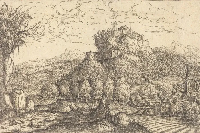 Framed Print : Landscape with a Castle in the Center, 1553. Creator: Hans Sebald Lautensack Framed Print : Landscape with a Castle in the Center, 1553. Creator: Hans Sebald Lautensack