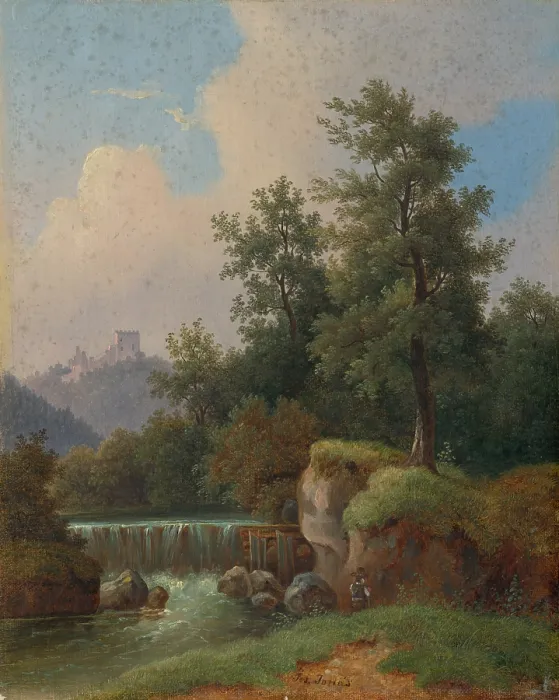 Framed Print : Landscape with castle and dam, 1850-1860. Creator: Josef Jonas Framed Print : Landscape with castle and dam, 1850-1860. Creator: Josef Jonas