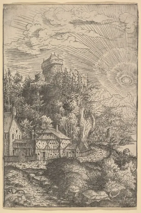 Framed Print : Landscape with a Castle Perched on a Rock, 1553. Creator: Hans Sebald Lautensack Framed Print : Landscape with a Castle Perched on a Rock, 1553. Creator: Hans Sebald Lautensack