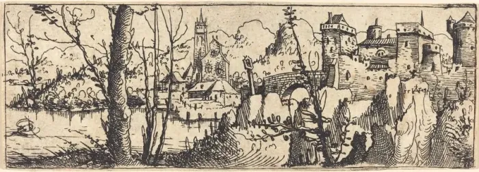 Framed Print : Landscape with Castle at Right, Surrounded by Rocks, 1546. Creator: Augustin Hirschvogel Framed Print : Landscape with Castle at Right, Surrounded by Rocks, 1546. Creator: Augustin Hirschvogel