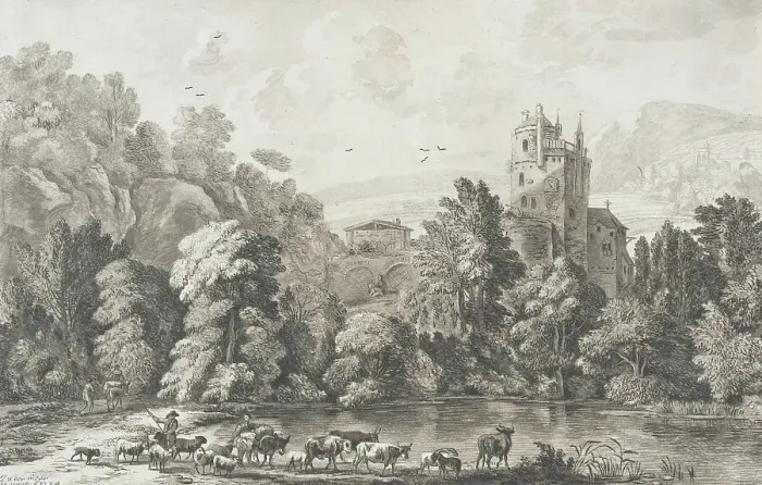 Framed Print : Landscape with Castle and Shepherd Tending Flock, 1704. Creator: Cornelis Ploos van Amstel Framed Print : Landscape with Castle and Shepherd Tending Flock, 1704. Creator: Cornelis Ploos van Amstel