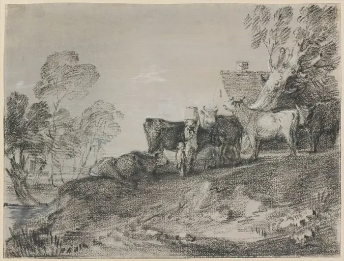 Framed Print : Landscape with Cattle by a Cottage, late 1770s. Creator: Thomas Gainsborough Framed Print : Landscape with Cattle by a Cottage, late 1770s. Creator: Thomas Gainsborough