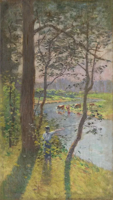 Framed Print : Landscape with cattle drinking at a river, c1900. Creator: Ferdinand Katona Framed Print : Landscape with cattle drinking at a river, c1900. Creator: Ferdinand Katona