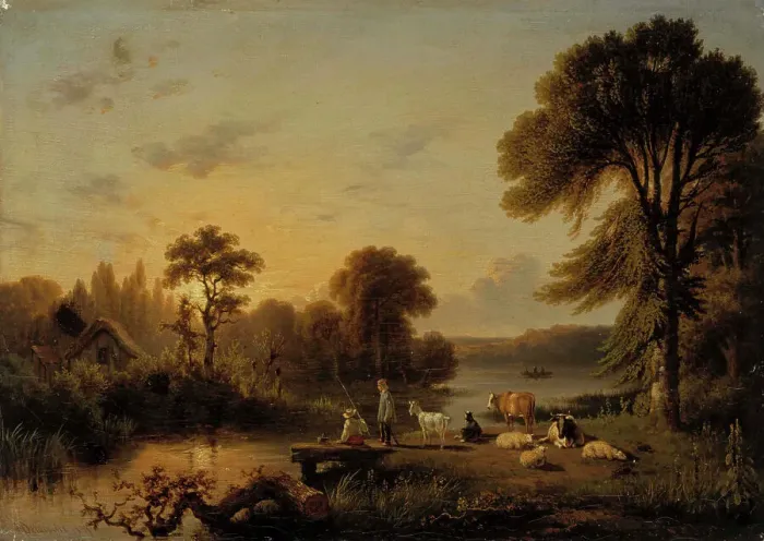 Framed Print : Landscape, Cattle and People, 1839. Creator: Honore Gaspard Delaroche Framed Print : Landscape, Cattle and People, 1839. Creator: Honore Gaspard Delaroche