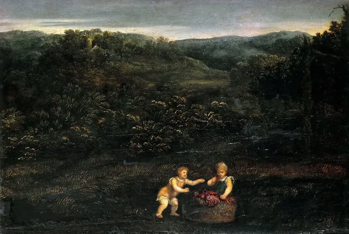 Framed Print : Landscape with two children and a basket of grapes, c. 1550. Creator: Bordone, Paris (1500-1571) Framed Print : Landscape with two children and a basket of grapes, c. 1550. Creator: Bordone, Paris (1500-1571)