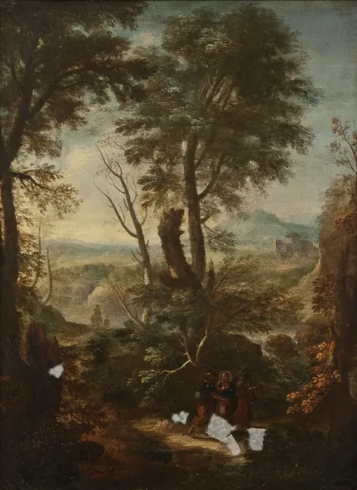 Framed Print : Landscape with Christ and the Two Disciples on the Way to Emmaus, 17th century. Creator: Unknown Framed Print : Landscape with Christ and the Two Disciples on the Way to Emmaus, 17th century. Creator: Unknown