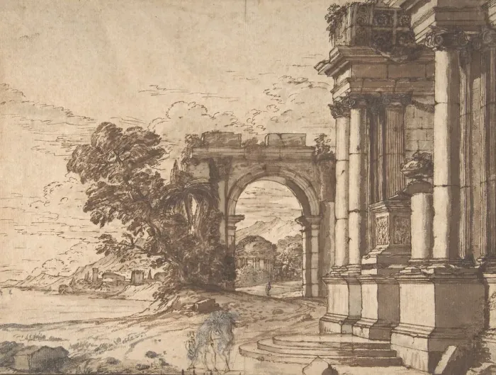 Framed Print : Landscape with Classical Architecture by a Lake, 17th century. Creator: Anon Framed Print : Landscape with Classical Architecture by a Lake, 17th century. Creator: Anon