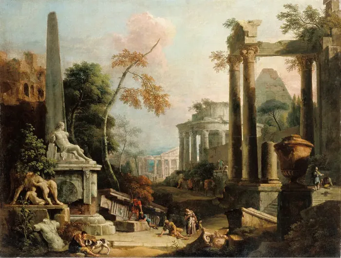Framed Print : Landscape with Classical Ruins and Figures, about 1725-1730. Creators: Marco Ricci, Sebastiano Ricci Framed Print : Landscape with Classical Ruins and Figures, about 1725-1730. Creators: Marco Ricci, Sebastiano Ricci