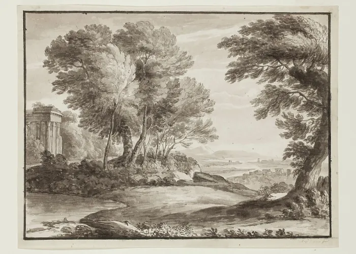 Framed Print : Landscape with a Classical Temple, after Claude, c1800s. Creator: Luigi Gasparini Framed Print : Landscape with a Classical Temple, after Claude, c1800s. Creator: Luigi Gasparini