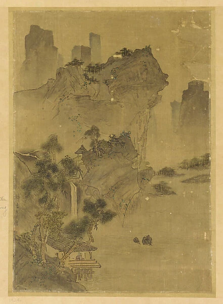 Landscape: cliffs overhanging water - pavilion and pines, Possibly Ming dynasty