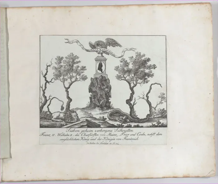 Framed Print : Landscape containing seven silhouettes, 1793-1800. Creator: Anon Framed Print : Landscape containing seven silhouettes, 1793-1800. Creator: Anon