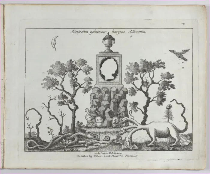 Framed Print : Landscape containing fifteen silhouettes, 1793-1800. Creator: Anon Framed Print : Landscape containing fifteen silhouettes, 1793-1800. Creator: Anon