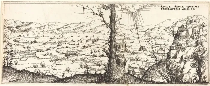 Framed Print : Landscape with the Conversion of Saint Paul, 1545. Creator: Augustin Hirschvogel Framed Print : Landscape with the Conversion of Saint Paul, 1545. Creator: Augustin Hirschvogel