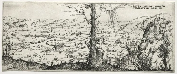 Framed Print : Landscape with the conversion of saulus, 1545. Creator: Augustin Hirschvogel (German, 1503-1553)