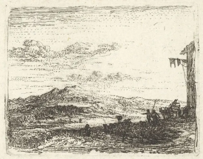 Framed Print : Landscape with corner of building and awning at far right, two figures and a horse Framed Print : Landscape with corner of building and awning at far right, two figures and a horse