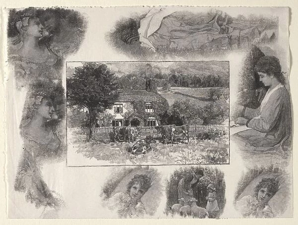 Landscape with Cottage and Cows Surrounded by Various Sketches. Creator: Henry Wolf (American