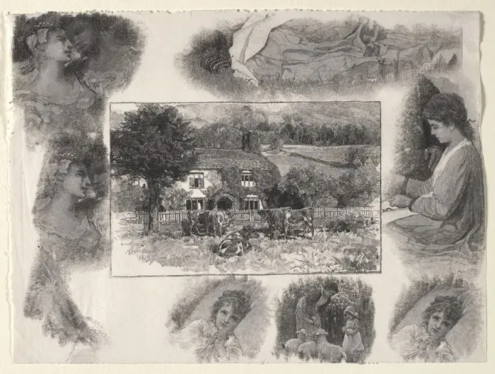 Framed Print : Landscape with Cottage and Cows Surrounded by Various Sketches. Creator: Henry Wolf (American Framed Print : Landscape with Cottage and Cows Surrounded by Various Sketches. Creator: Henry Wolf (American