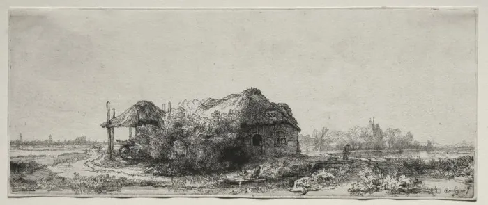 Framed Print : Landscape with a Cottage and Hay Barn: Oblong, 1641. Creator: Rembrandt van Rijn (Dutch Framed Print : Landscape with a Cottage and Hay Barn: Oblong, 1641. Creator: Rembrandt van Rijn (Dutch