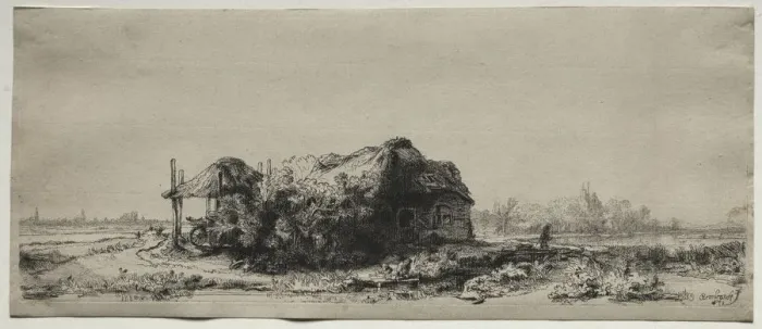 Framed Print : Landscape with a Cottage and Hay Barn: Oblong, 1641. Creator: Rembrandt van Rijn (Dutch Framed Print : Landscape with a Cottage and Hay Barn: Oblong, 1641. Creator: Rembrandt van Rijn (Dutch