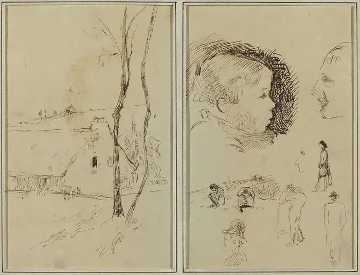 Framed Print : Landscape with a Cottage; Profile of Boy, Profile of Man, Two Women... [verso], 1884-1888. Creator: Paul Gauguin