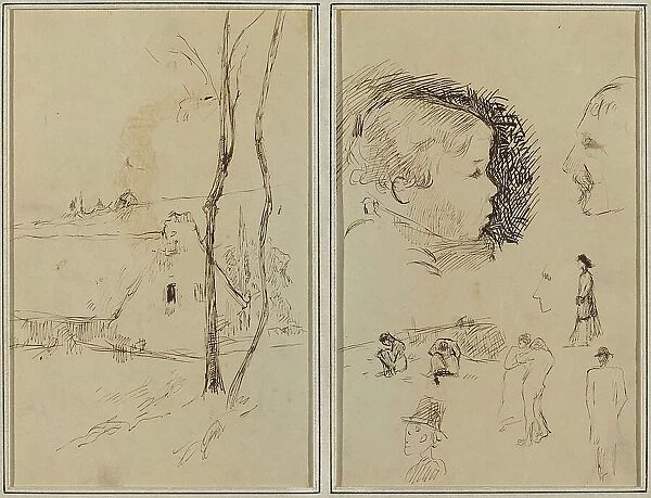 Landscape with a Cottage; Profile of Boy, Profile of Man, Two Women... [verso], 1884-1888. Creator: Paul Gauguin