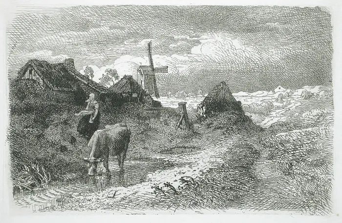 Framed Print : Landscape with Cottages and Windmill, 1862. Creator: Andreas Achenbach Framed Print : Landscape with Cottages and Windmill, 1862. Creator: Andreas Achenbach