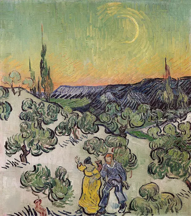 Framed Print : Landscape with Couple Walking and Crescent Moon, 1890. Creator: Gogh, Vincent, van (1853-1890) Framed Print : Landscape with Couple Walking and Crescent Moon, 1890. Creator: Gogh, Vincent, van (1853-1890)