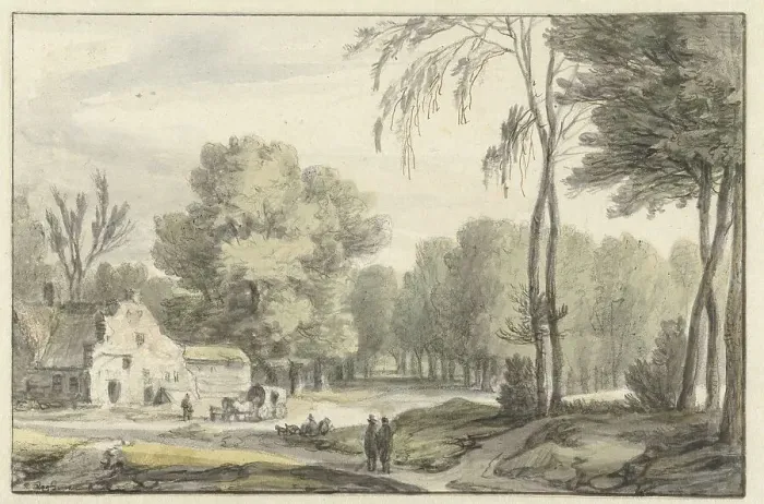 Framed Print : Landscape with a covered wagon outside farm buildings, 1637-1692. Creator: Roelant Roghman Framed Print : Landscape with a covered wagon outside farm buildings, 1637-1692. Creator: Roelant Roghman