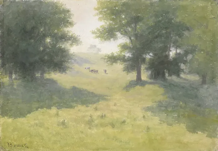 Framed Print : Landscape with Cows and Hillside, 1892. Creator: Richard Gruelle Framed Print : Landscape with Cows and Hillside, 1892. Creator: Richard Gruelle