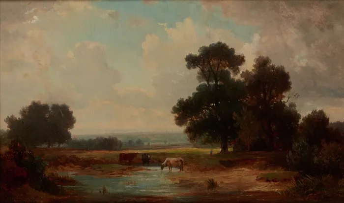 Framed Print : Landscape with Cows at a Watering-Place, c1880, before 1876. Creator: Jozef Szermentowski Framed Print : Landscape with Cows at a Watering-Place, c1880, before 1876. Creator: Jozef Szermentowski