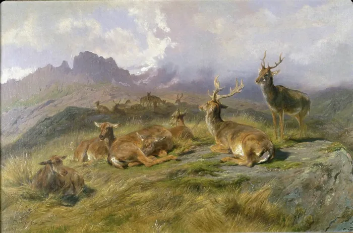Framed Print : Landscape with Deer, 1887. Creator: Rosa Bonheur Framed Print : Landscape with Deer, 1887. Creator: Rosa Bonheur
