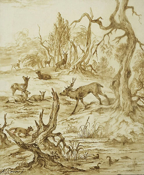 Landscape with deer, fox and ducks. Creator: Michiel Carree